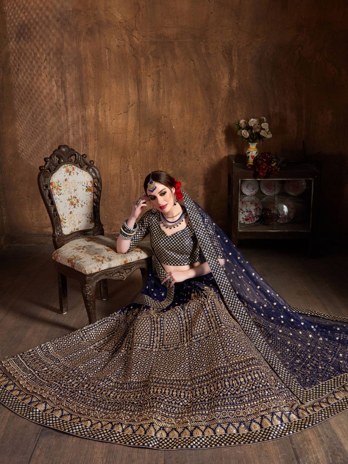 Odette Navy Blue And Gold Silk Blend Embroidered Semi Stitched Lehenga With Blouse For Women