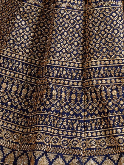 Odette Navy Blue And Gold Silk Blend Embroidered Semi Stitched Lehenga With Blouse For Women