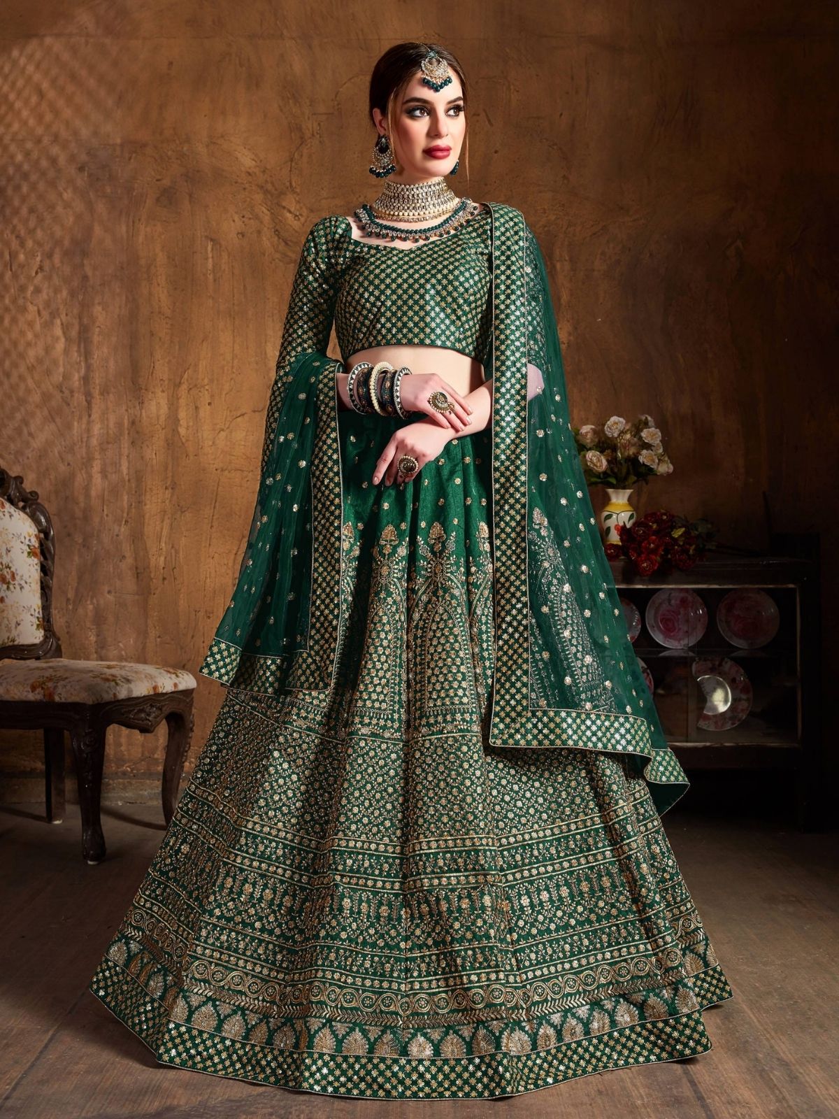 Odette Green And Gold Silk Blend Embroidered Semi Stitched Lehenga With Blouse For Women