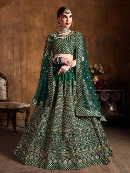 Odette Green And Gold Silk Blend Embroidered Semi Stitched Lehenga With Blouse For Women