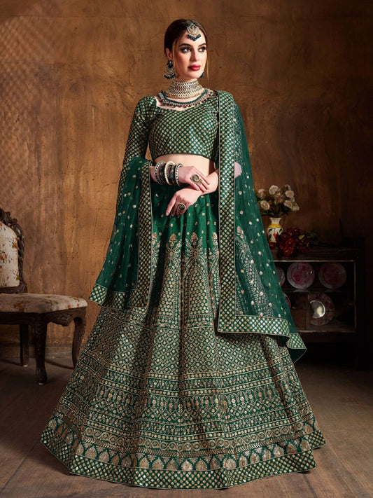 Odette Green And Gold Silk Blend Embroidered Semi Stitched Lehenga With Blouse For Women