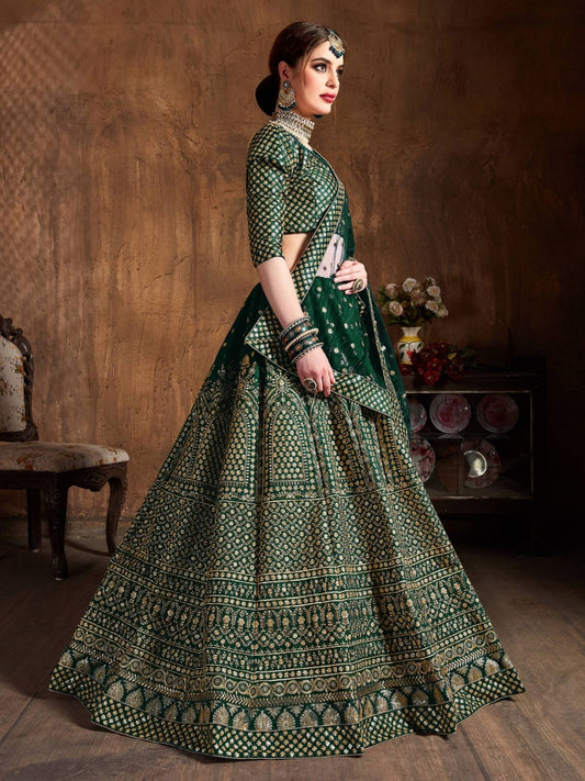 Odette Green And Gold Silk Blend Embroidered Semi Stitched Lehenga With Blouse For Women