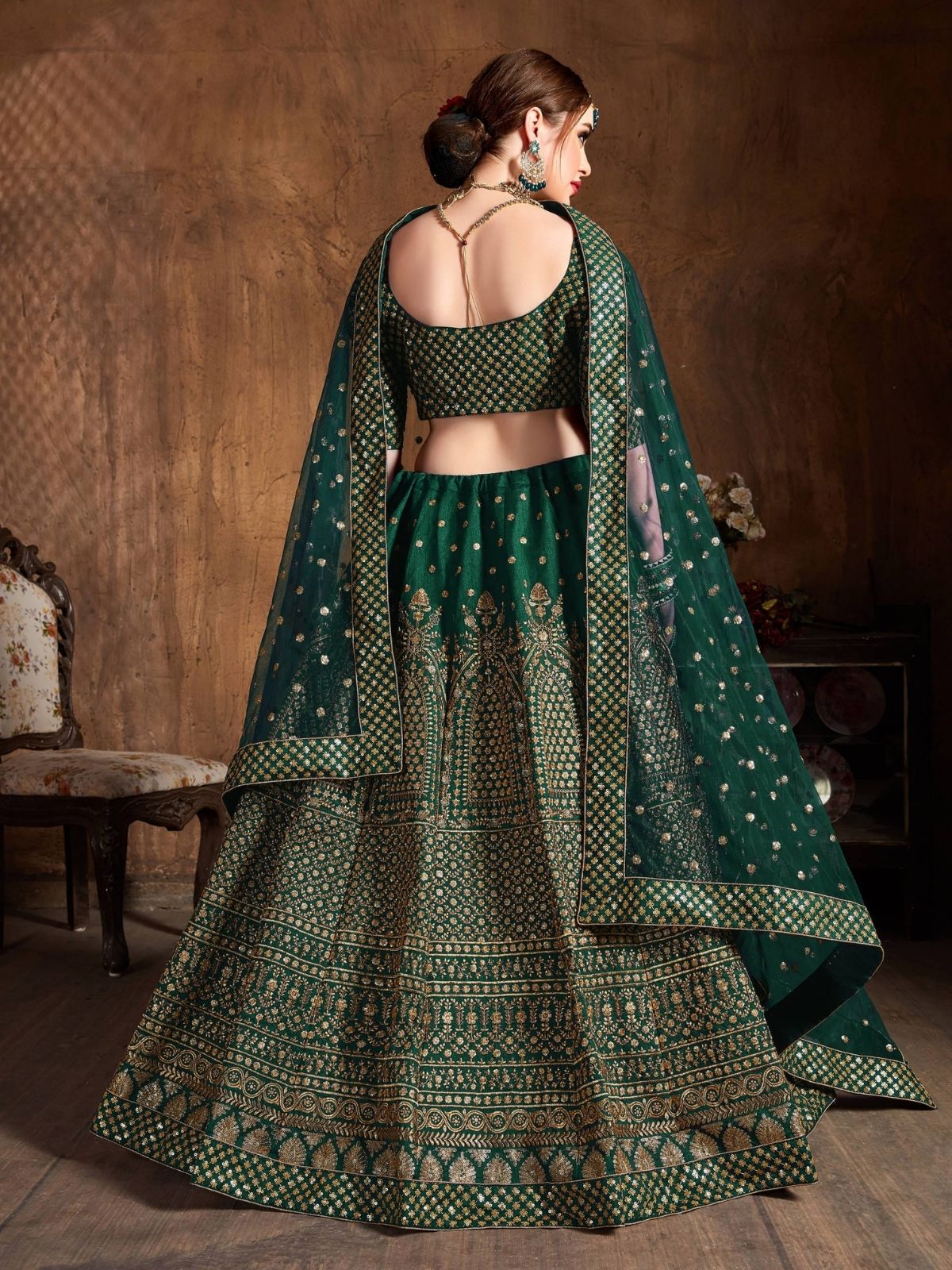 Odette Green And Gold Silk Blend Embroidered Semi Stitched Lehenga With Blouse For Women