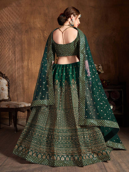 Odette Green And Gold Silk Blend Embroidered Semi Stitched Lehenga With Blouse For Women