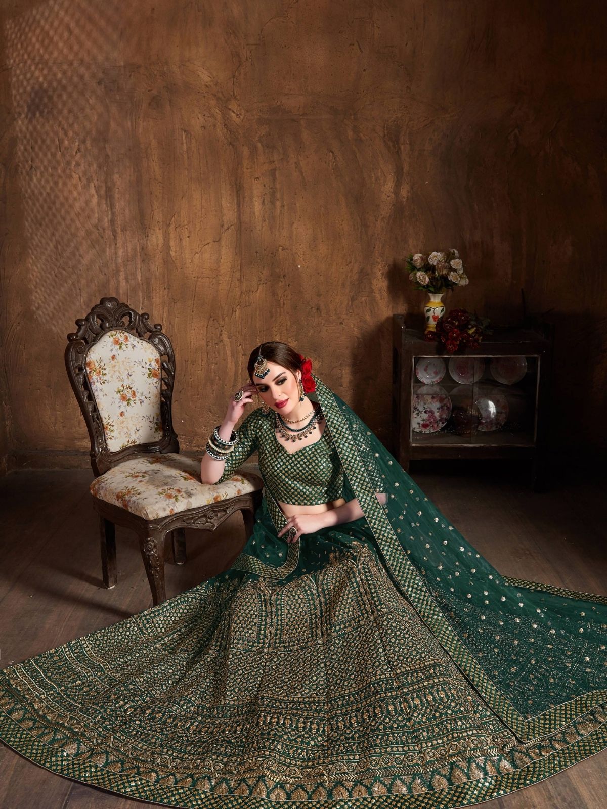 Odette Green And Gold Silk Blend Embroidered Semi Stitched Lehenga With Blouse For Women