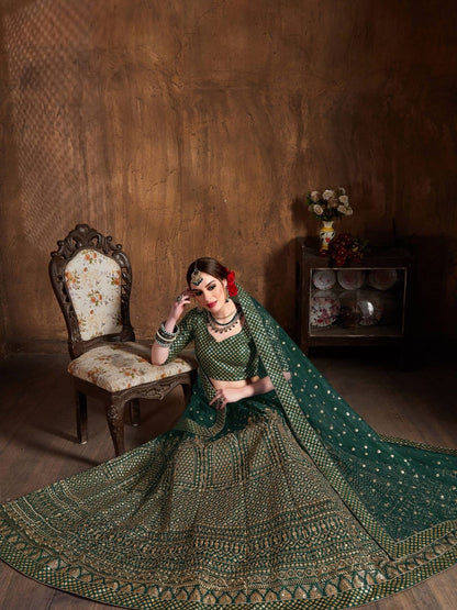 Odette Green And Gold Silk Blend Embroidered Semi Stitched Lehenga With Blouse For Women