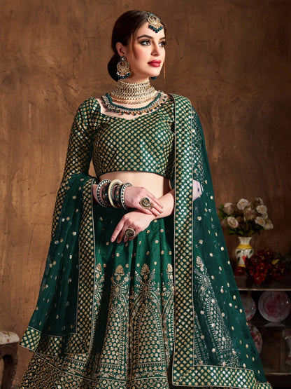 Odette Green And Gold Silk Blend Embroidered Semi Stitched Lehenga With Blouse For Women