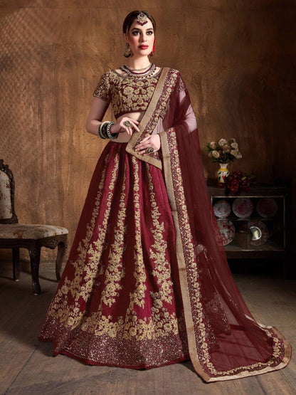 Odette Maroon And Gold Silk Blend Embroidered Semi Stitched Lehenga With Blouse For Women