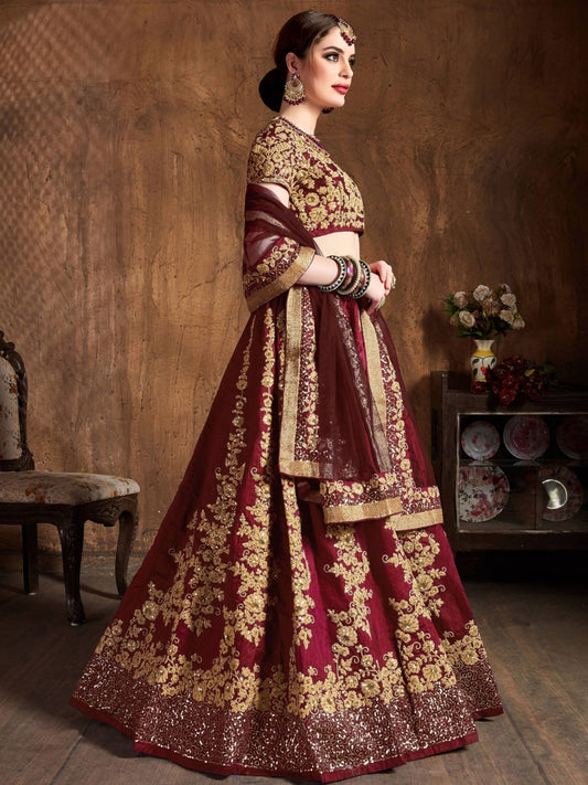 Odette Maroon And Gold Silk Blend Embroidered Semi Stitched Lehenga With Blouse For Women