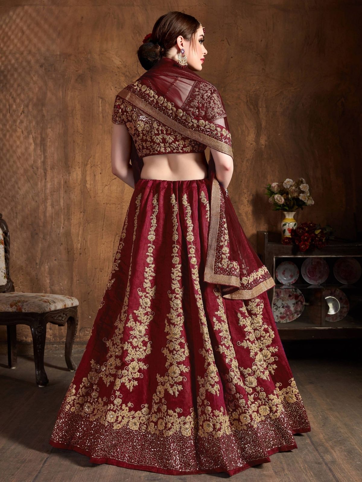 Odette Maroon And Gold Silk Blend Embroidered Semi Stitched Lehenga With Blouse For Women