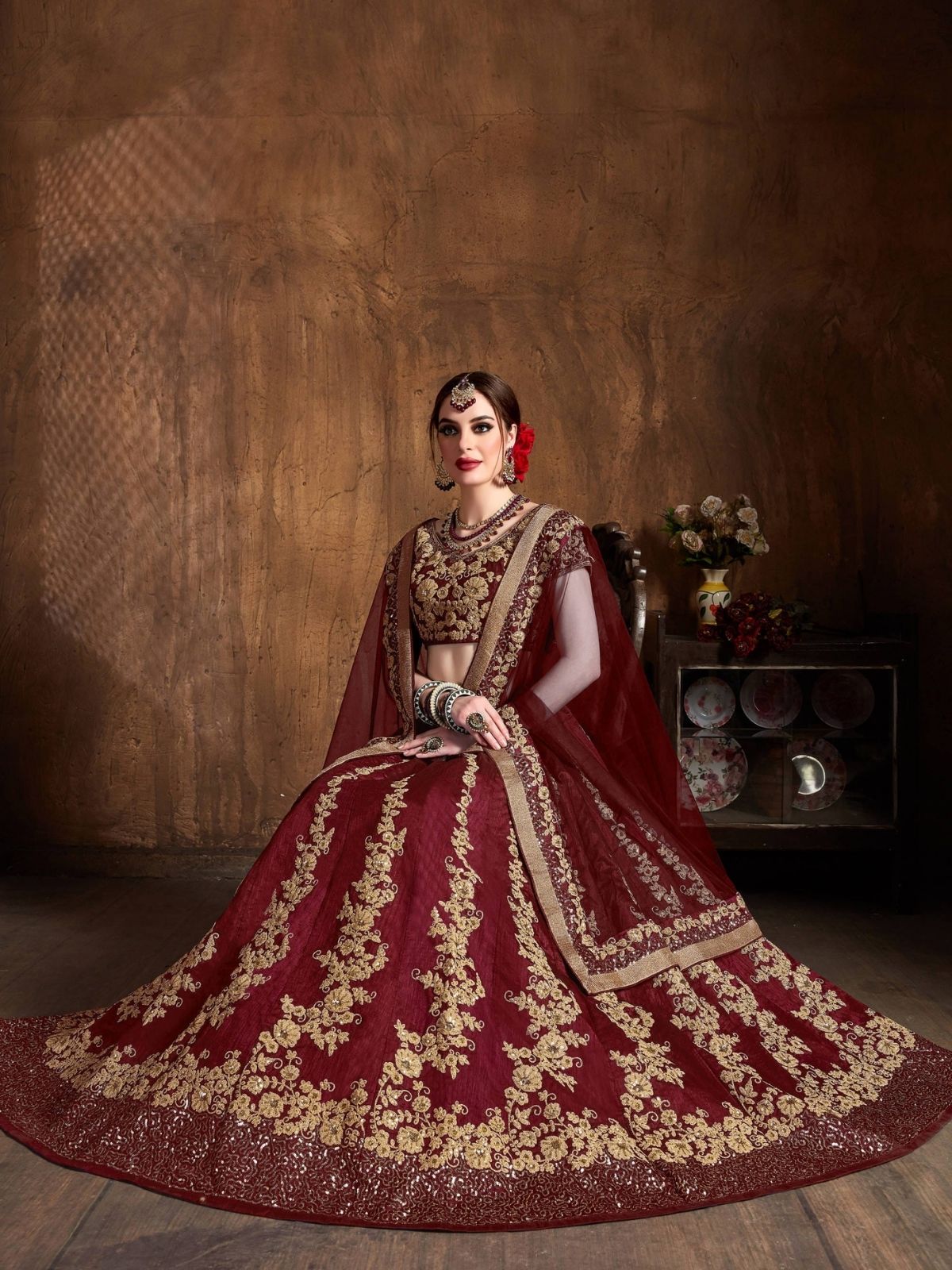 Odette Maroon And Gold Silk Blend Embroidered Semi Stitched Lehenga With Blouse For Women
