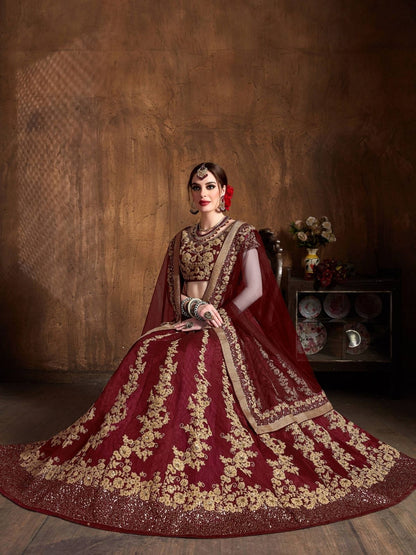 Odette Maroon And Gold Silk Blend Embroidered Semi Stitched Lehenga With Blouse For Women