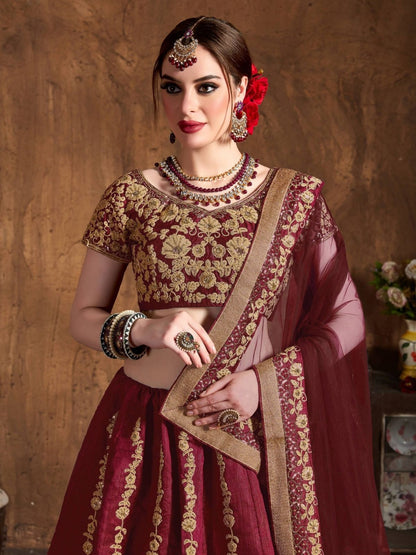 Odette Maroon And Gold Silk Blend Embroidered Semi Stitched Lehenga With Blouse For Women