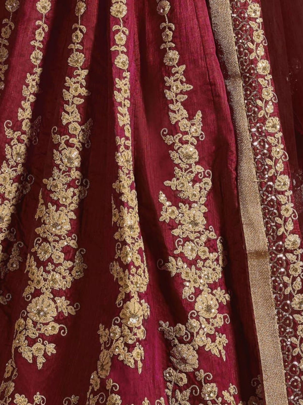 Odette Maroon And Gold Silk Blend Embroidered Semi Stitched Lehenga With Blouse For Women