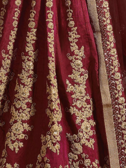Odette Maroon And Gold Silk Blend Embroidered Semi Stitched Lehenga With Blouse For Women