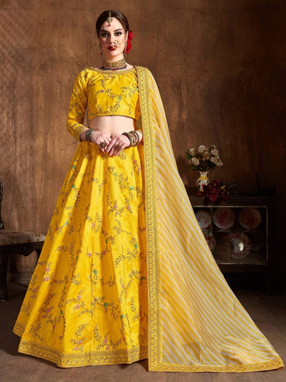 Odette Yellow Silk Blend Embroidered Semi Stitched Lehenga With Blouse For Women