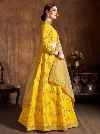 Odette Yellow Silk Blend Embroidered Semi Stitched Lehenga With Blouse For Women