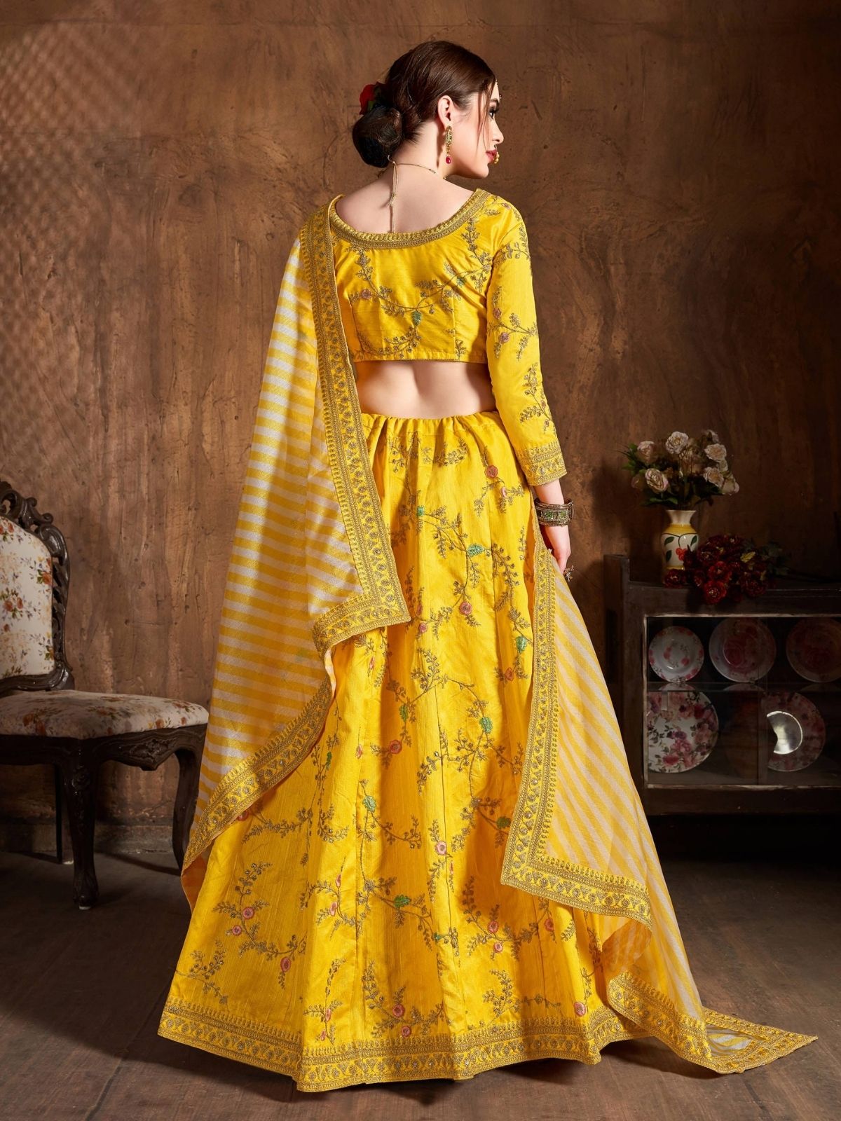 Odette Yellow Silk Blend Embroidered Semi Stitched Lehenga With Blouse For Women
