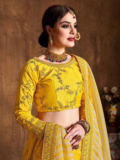 Odette Yellow Silk Blend Embroidered Semi Stitched Lehenga With Blouse For Women