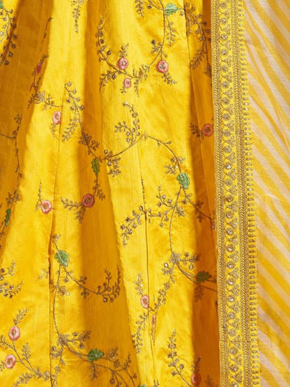 Odette Yellow Silk Blend Embroidered Semi Stitched Lehenga With Blouse For Women