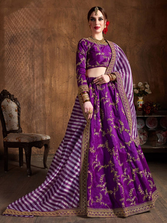 Odette Purple Silk Blend Embroidered Semi Stitched Lehenga With Blouse For Women