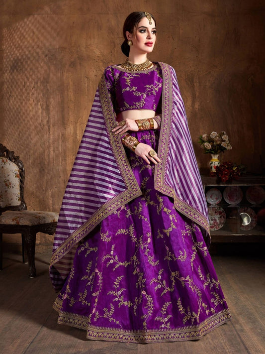 Odette Purple Silk Blend Embroidered Semi Stitched Lehenga With Blouse For Women