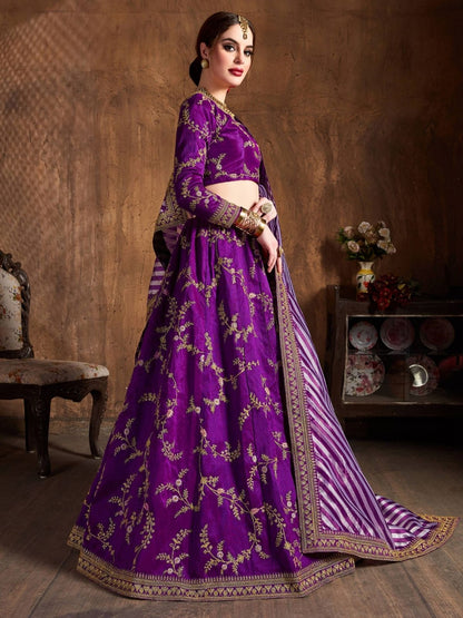 Odette Purple Silk Blend Embroidered Semi Stitched Lehenga With Blouse For Women