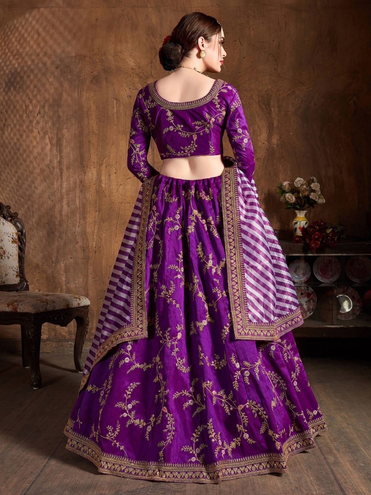 Odette Purple Silk Blend Embroidered Semi Stitched Lehenga With Blouse For Women