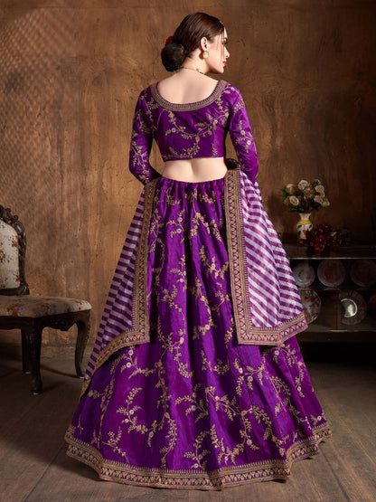 Odette Purple Silk Blend Embroidered Semi Stitched Lehenga With Blouse For Women