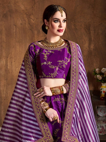 Odette Purple Silk Blend Embroidered Semi Stitched Lehenga With Blouse For Women