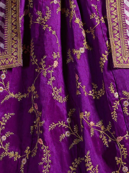 Odette Purple Silk Blend Embroidered Semi Stitched Lehenga With Blouse For Women