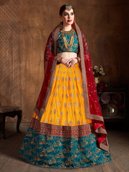 Odette Multicolor Banarasi Silk Embroidered Semi Stitched Lehenga With Blouse For Women