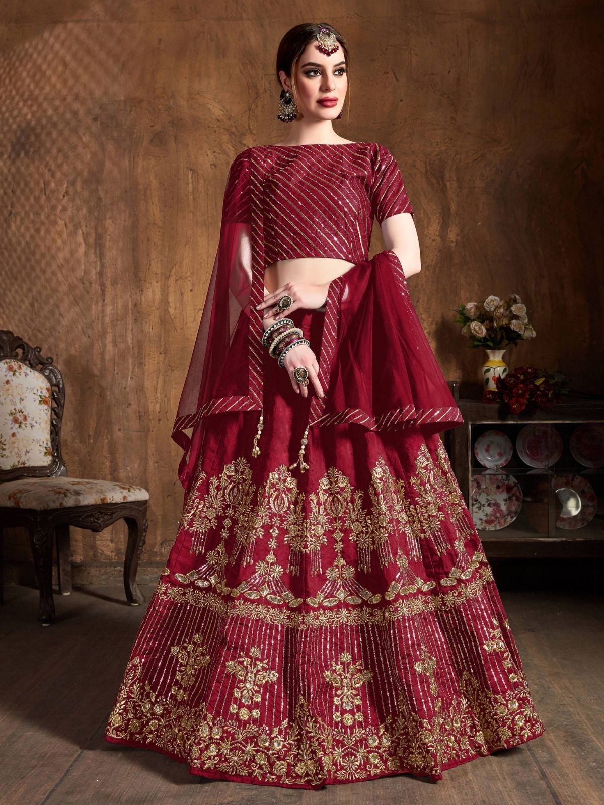Odette Maroon Art Silk Embroidered Semi Stitched Lehenga With Blouse For Women