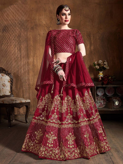 Odette Maroon Art Silk Embroidered Semi Stitched Lehenga With Blouse For Women
