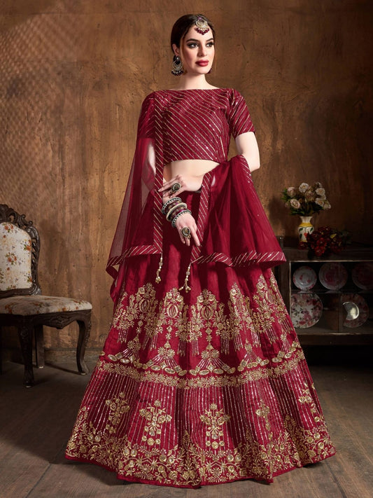 Odette Maroon Art Silk Embroidered Semi Stitched Lehenga With Blouse For Women