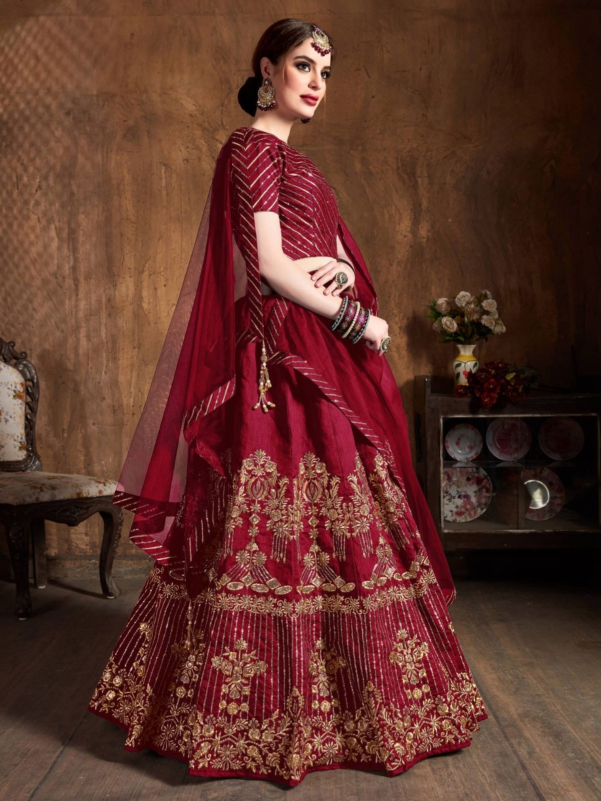 Odette Maroon Art Silk Embroidered Semi Stitched Lehenga With Blouse For Women