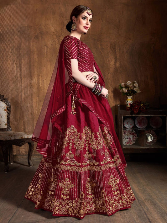 Odette Maroon Art Silk Embroidered Semi Stitched Lehenga With Blouse For Women