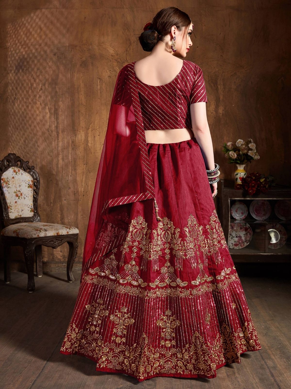 Odette Maroon Art Silk Embroidered Semi Stitched Lehenga With Blouse For Women