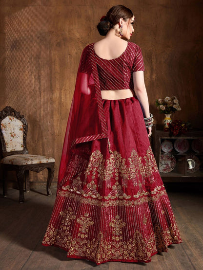 Odette Maroon Art Silk Embroidered Semi Stitched Lehenga With Blouse For Women