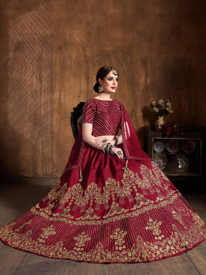 Odette Maroon Art Silk Embroidered Semi Stitched Lehenga With Blouse For Women