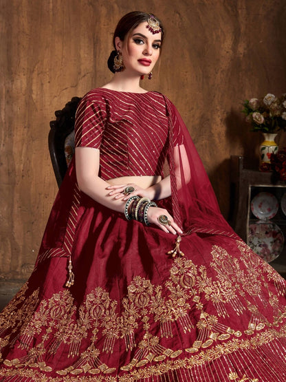 Odette Maroon Art Silk Embroidered Semi Stitched Lehenga With Blouse For Women