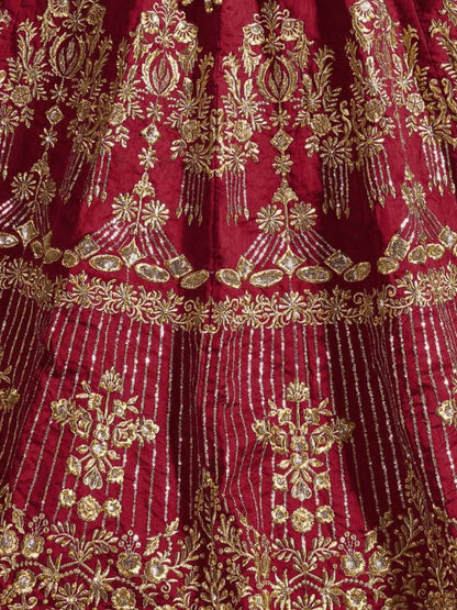 Odette Maroon Art Silk Embroidered Semi Stitched Lehenga With Blouse For Women