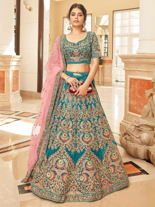 Odette Teal Velvet  Embroidered Semi Stitched Lehenga With Blouse For Women