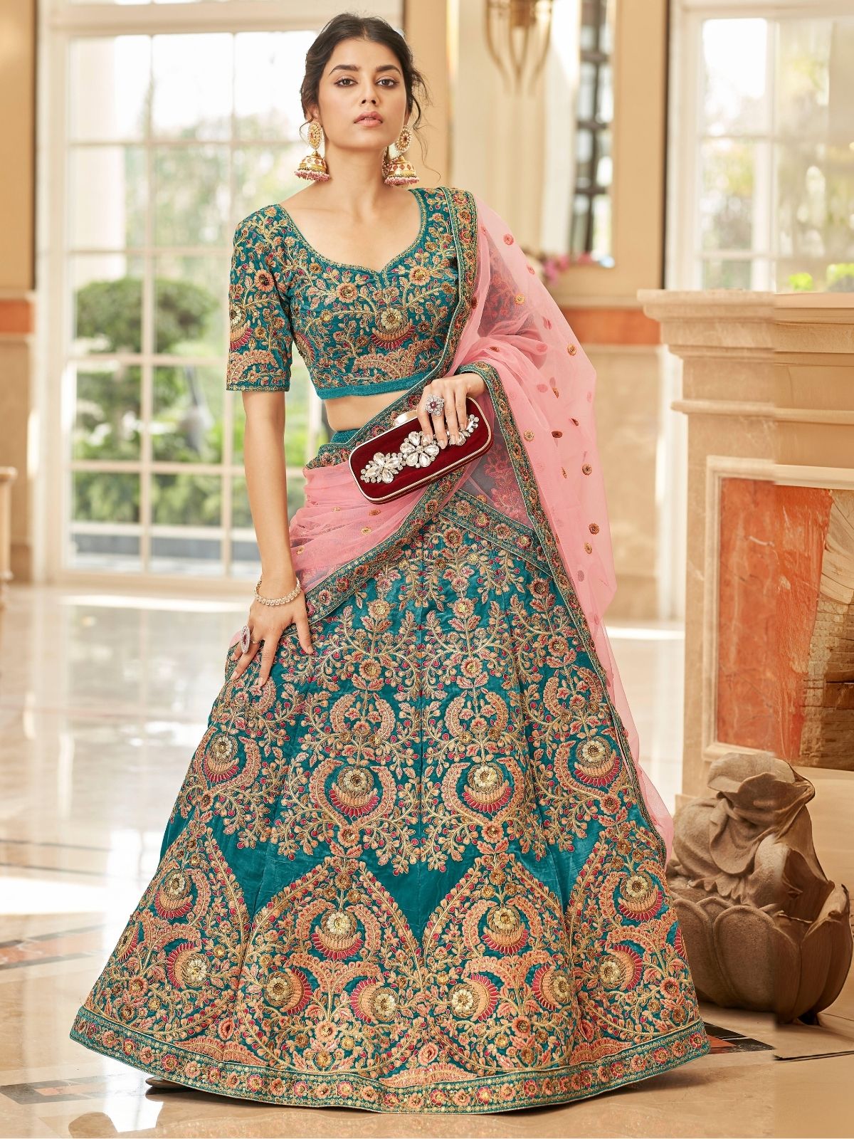 Odette Teal Velvet  Embroidered Semi Stitched Lehenga With Blouse For Women