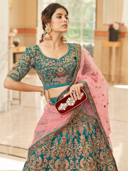 Odette Teal Velvet  Embroidered Semi Stitched Lehenga With Blouse For Women