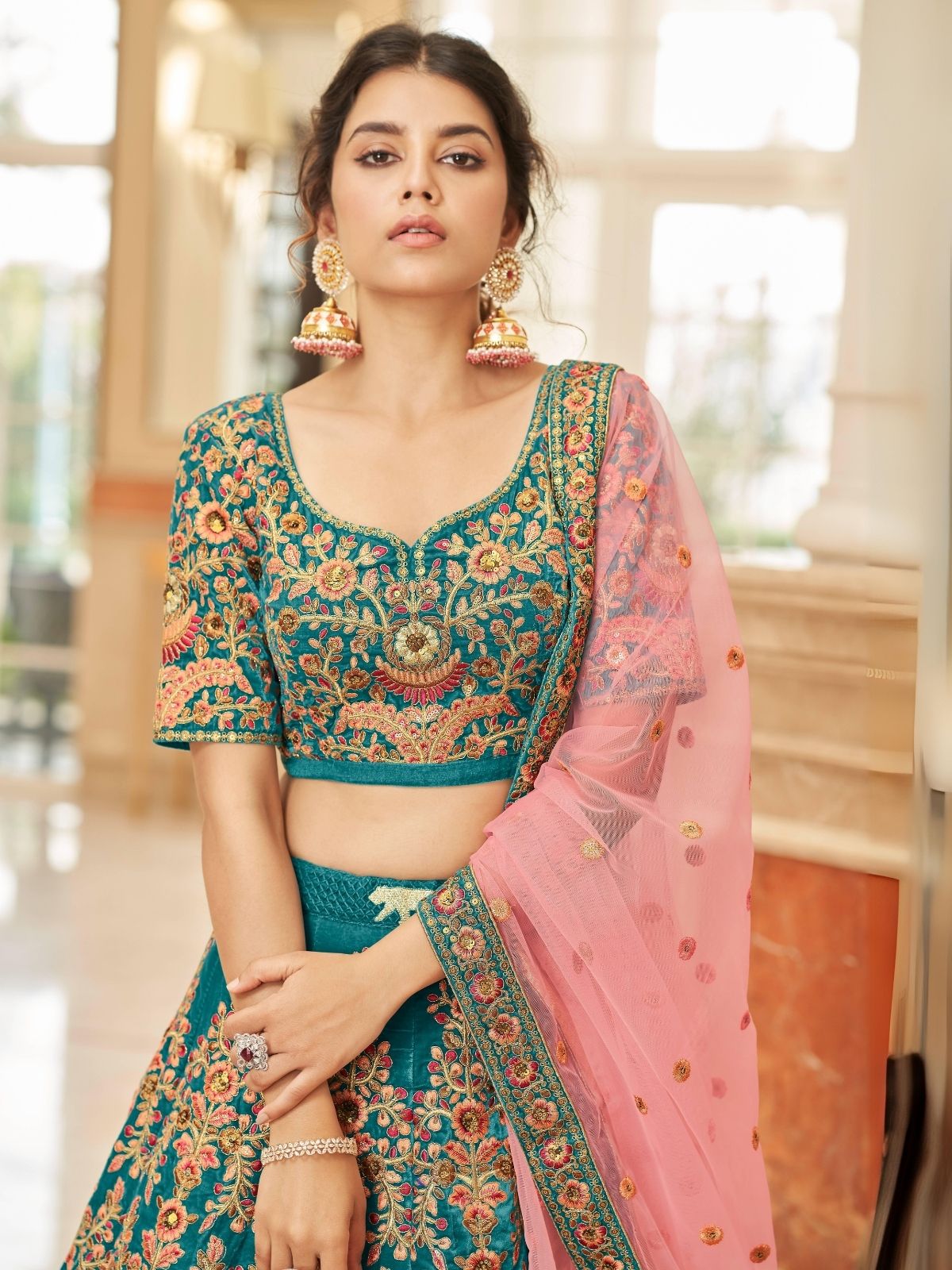 Odette Teal Velvet  Embroidered Semi Stitched Lehenga With Blouse For Women
