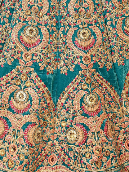 Odette Teal Velvet  Embroidered Semi Stitched Lehenga With Blouse For Women