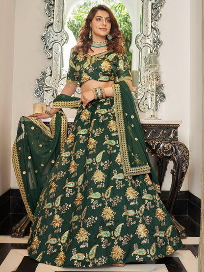 Odette Green And Gold Art Silk Embroidered Semi Stitched Lehenga With Blouse For Women