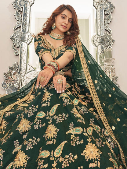Odette Green And Gold Art Silk Embroidered Semi Stitched Lehenga With Blouse For Women