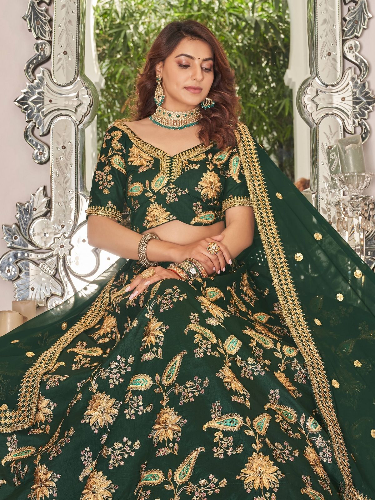 Odette Green And Gold Art Silk Embroidered Semi Stitched Lehenga With Blouse For Women